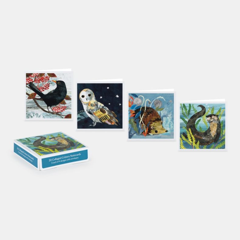 Collection of 20 Collaged Critters notecards with envelopes, displayed alongside four greeting card designs featuring a blackbird perched among red berries, a barn owl beneath a starry night sky, a hedgehog surrounded by colourful foliage, and an otter sw