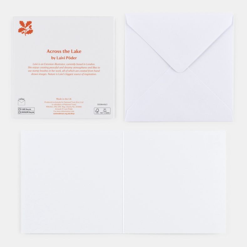 Cosy Cottage notecard shown open with matching white envelope, featuring the reverse side of the Across the Lake design card with artist information by Laivi Põder, National Trust branding and recycling symbols, alongside a blank interior for personal mes