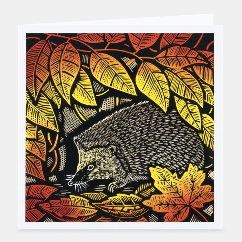Countryside Encounters notecard featuring a linocut-style illustration of a hedgehog surrounded by layered autumn leaves in shades of orange, yellow and red, with detailed textured linework and a black background, displayed with a white border and matchin