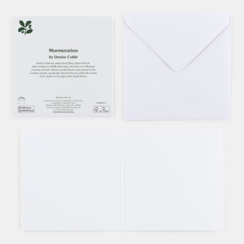 Countryside Encounters notecard shown open with matching white envelope, featuring the reverse side of the Murmuration design card with artist information by Denise Coble, National Trust branding and recycling symbols, alongside a blank interior for perso