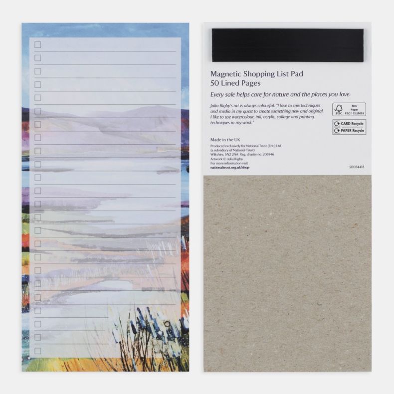 National Trust magnetic shopping list pad shown front and back, featuring a lined checklist design with tick boxes over a colourful landscape illustration of lakes, wetlands and rolling hills in shades of blue, purple, green and gold, with a magnetic stri