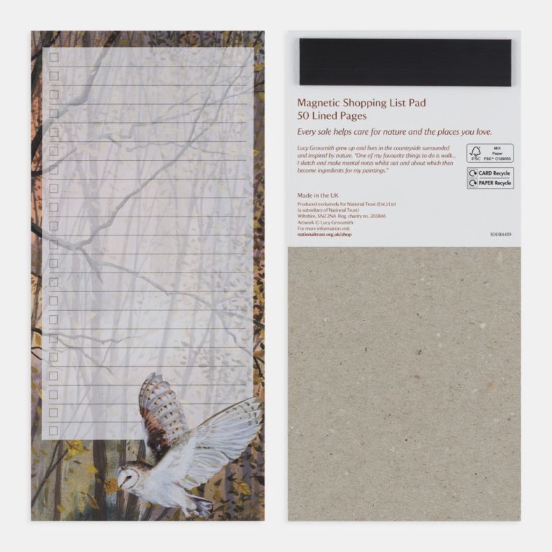 National Trust magnetic shopping list pad shown front and back, featuring a lined checklist design with tick boxes over an autumn woodland illustration and a barn owl in flight, with a magnetic strip on the reverse and product information printed on the b