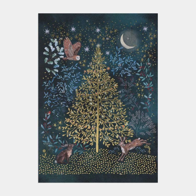 Illustrated advent calendar featuring a gold Christmas tree surrounded by decorative foliage, stars and seasonal motifs on a deep blue background, with numbered advent doors integrated into the artwork, alongside a barn owl in flight, a hare and a rabbit 