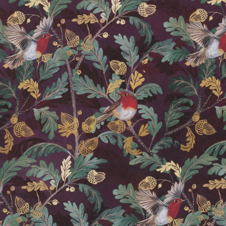 Christmas gift wrap design featuring red-breasted robins perched among stylised oak leaves and acorns, set against a deep burgundy background with decorative foliage in shades of green, gold and cream, forming a repeating festive woodland pattern.