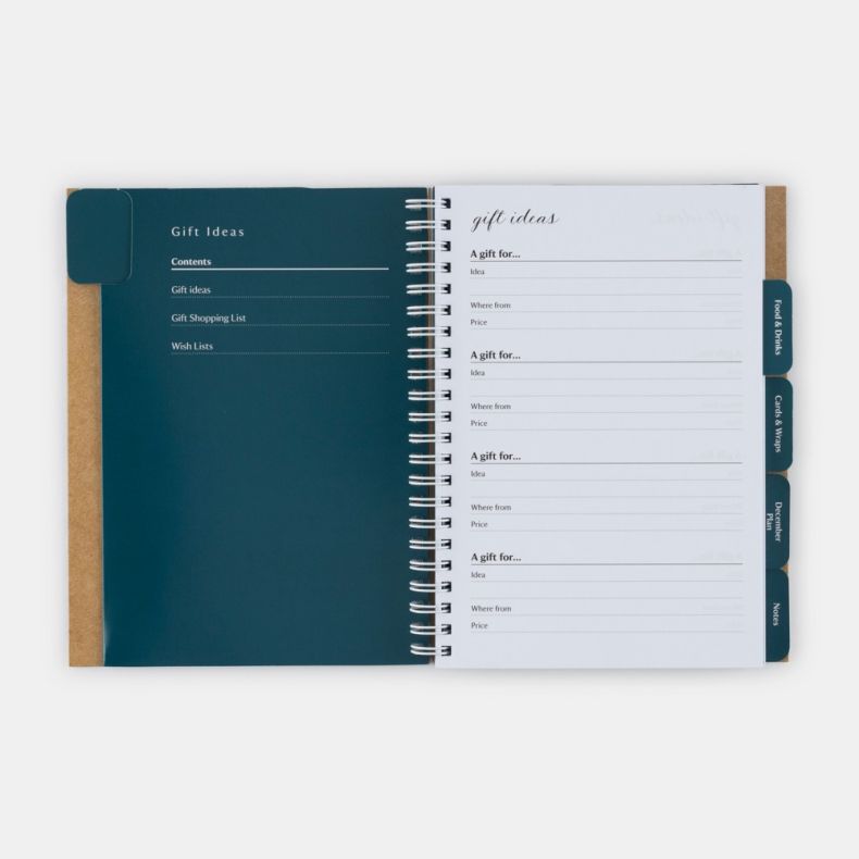 National Trust Christmas Planner opened to the gift ideas section, featuring tabbed dividers for organising festive plans, with dedicated pages for recording gift ideas, shopping information and wish lists, displayed in a spiral-bound format with kraft ca