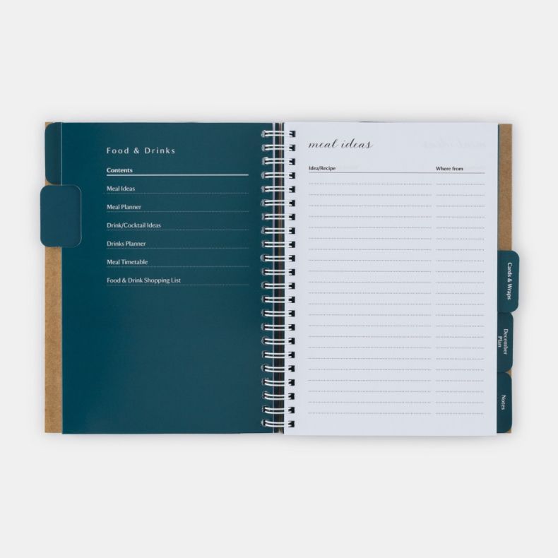 National Trust Christmas Planner opened to the Food & Drinks section, featuring tabbed dividers and dedicated pages for organising festive meals, drinks and shopping lists. The left-hand page lists planning categories including meal ideas, meal planners, 