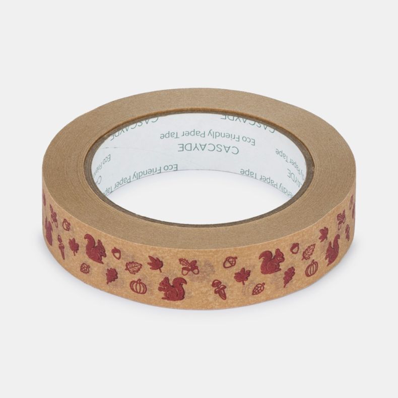 Roll of eco-friendly paper tape featuring a repeating autumn woodland design with burgundy illustrations of squirrels, acorns, oak leaves, mushrooms, pumpkins and pinecones printed on a natural kraft paper background, shown on a white background.