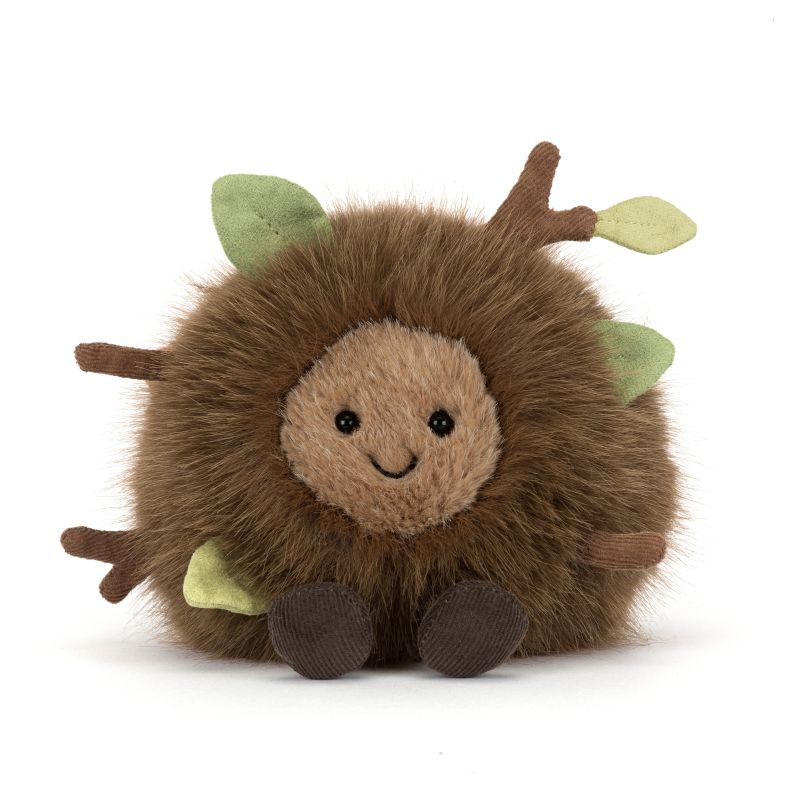 Jellycat soft toy featuring a round, fluffy brown character with a smiling face, corduroy feet and soft fabric leaves and branches. The woodland-inspired plush has textured faux fur and charming nature-themed details.