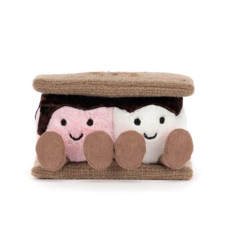 Jellycat plush toy shaped like s'mores, featuring smiling pink and white marshmallows between two biscuit layers.