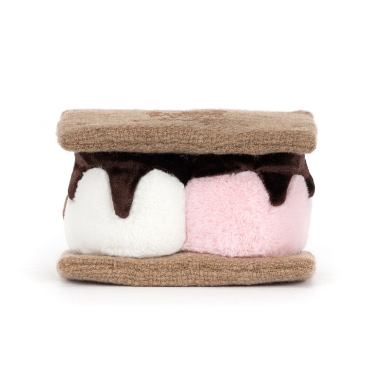 Back view of Jellycat plush toy shaped like s'mores, featuring pink and white marshmallows between two biscuit layers.