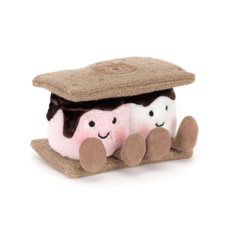Jellycat plush toy shaped like s'mores, featuring smiling pink and white marshmallows between two biscuit layers with embossed Jellycat logo on top