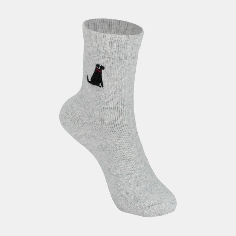 Light grey ankle sock with a ribbed cuff and soft marl texture, featuring an embroidered black dog motif with a red collar on the side, displayed against a white background.