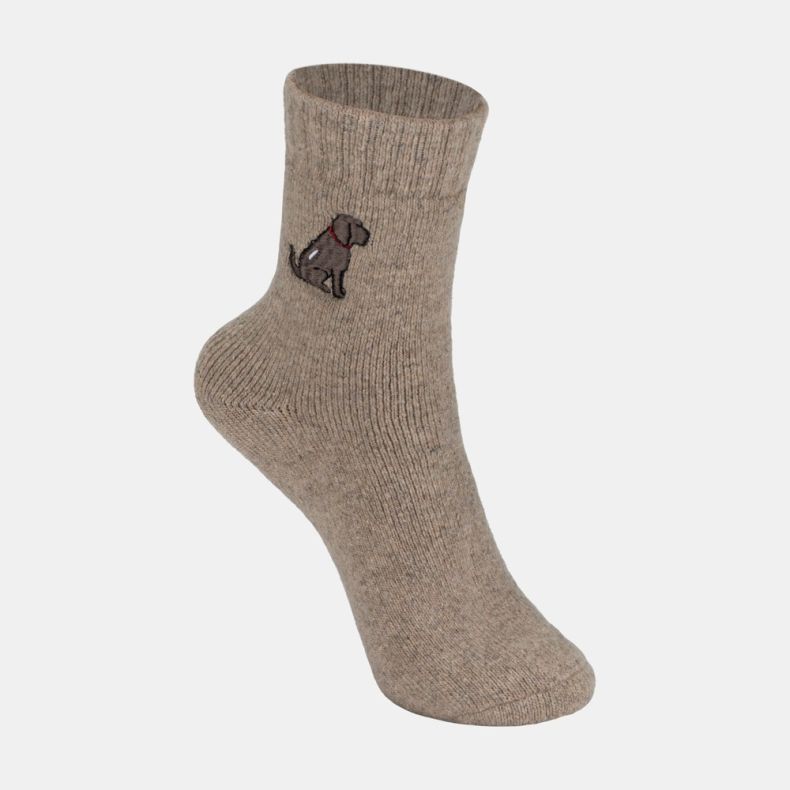 Light brown ankle sock with a soft marl texture and ribbed cuff, featuring an embroidered brown dog motif with a red collar on the outer ankle, displayed against a white background.