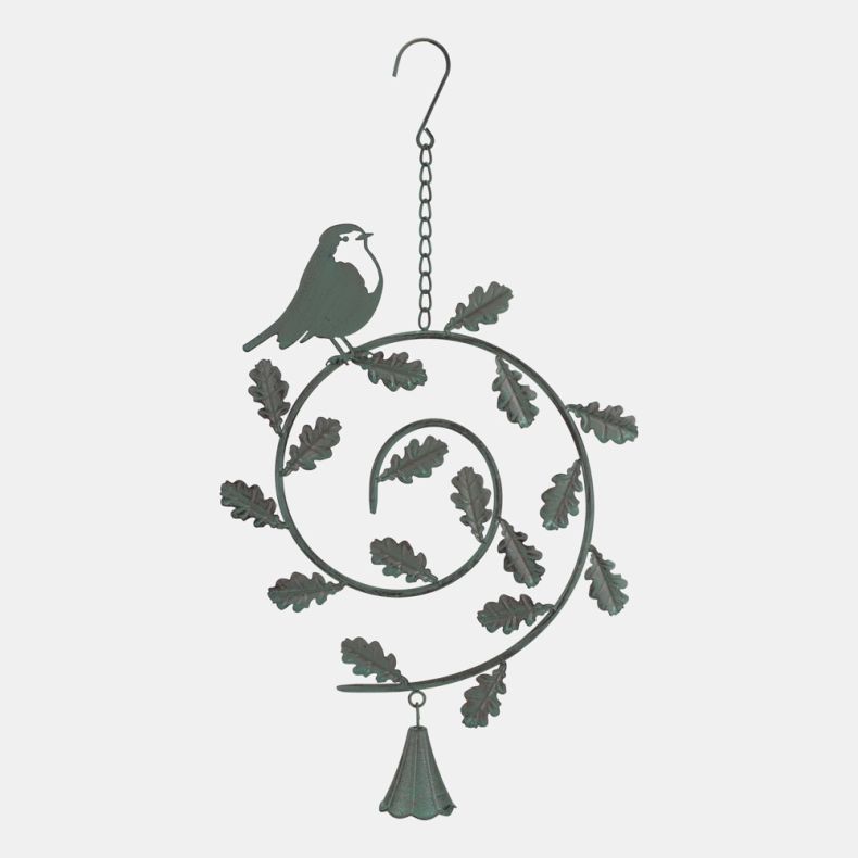 Decorative metal hanging bird feeder with perched bird and oak leaf spiral design in verdigris finish