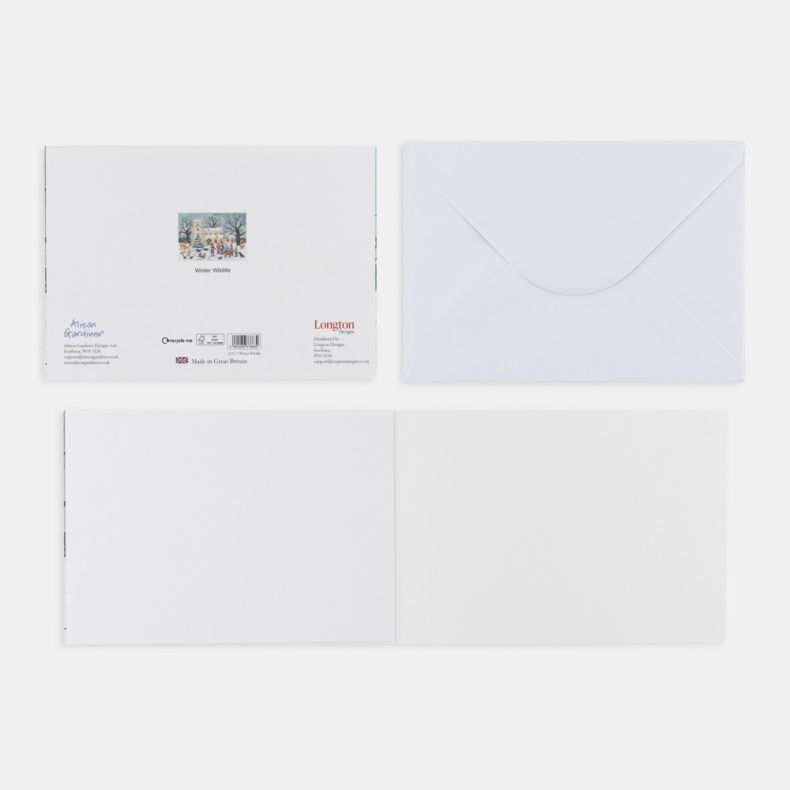 Back view of winter wildlife advent calendar greeting card with matching white envelope and blank interior for personal messages