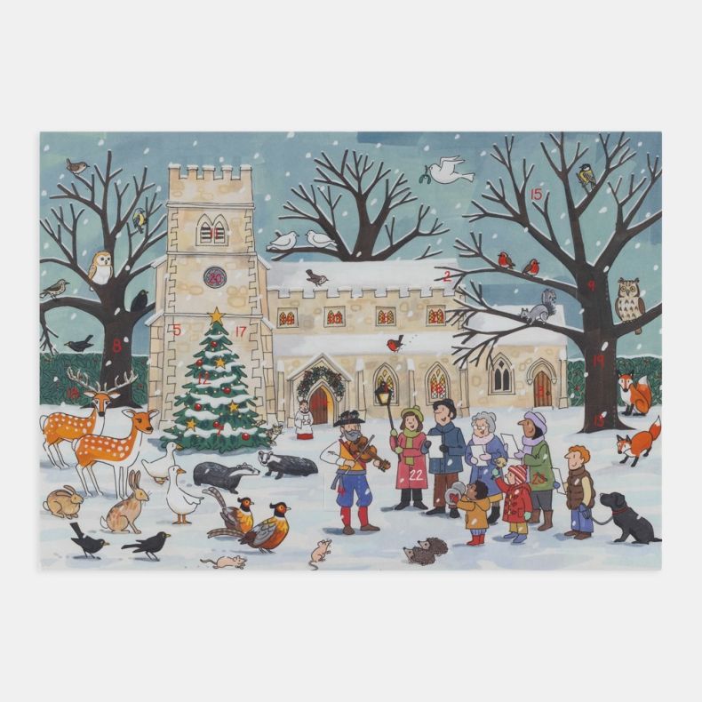 Winter village advent calendar illustration featuring a snow-covered church, Christmas tree, woodland animals and festive carol singers with numbered countdown doors