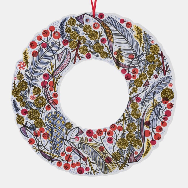 Festive wreath-shaped advent calendar featuring illustrated feathers, berries and winter foliage with numbered countdown doors and red hanging ribbon