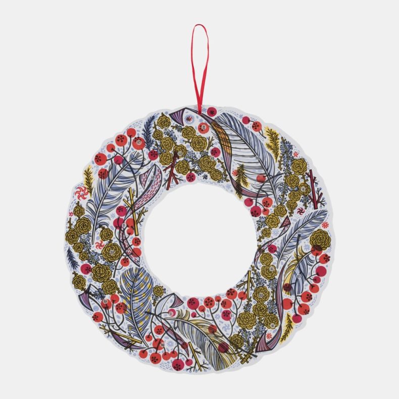 Festive wreath-shaped advent calendar decoration with illustrated winter foliage, berries and numbered countdown doors, finished with a red hanging ribbon