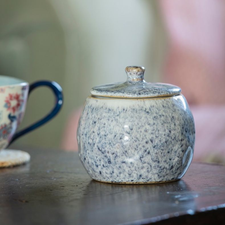 Stoneware Pot with Lid, Speckled Blue