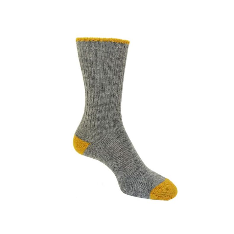 Grey ribbed Rooska socks with contrasting mustard yellow toe, heel and cuff trim details, shown individually on a light grey background.