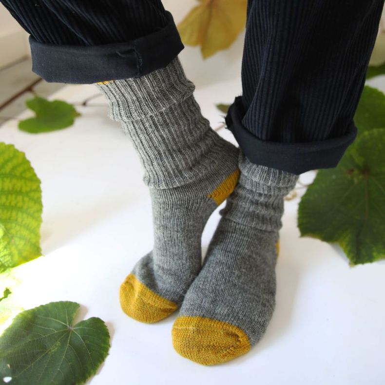 Rooska Croft Wool Socks, Grey Marl and Mustard