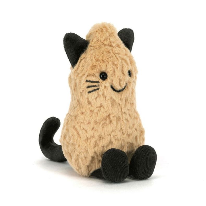 Tan fluffy cat plush toy with black ears, whiskers, tail and feet, featuring a smiling face and black button eyes, photographed against a light grey background.