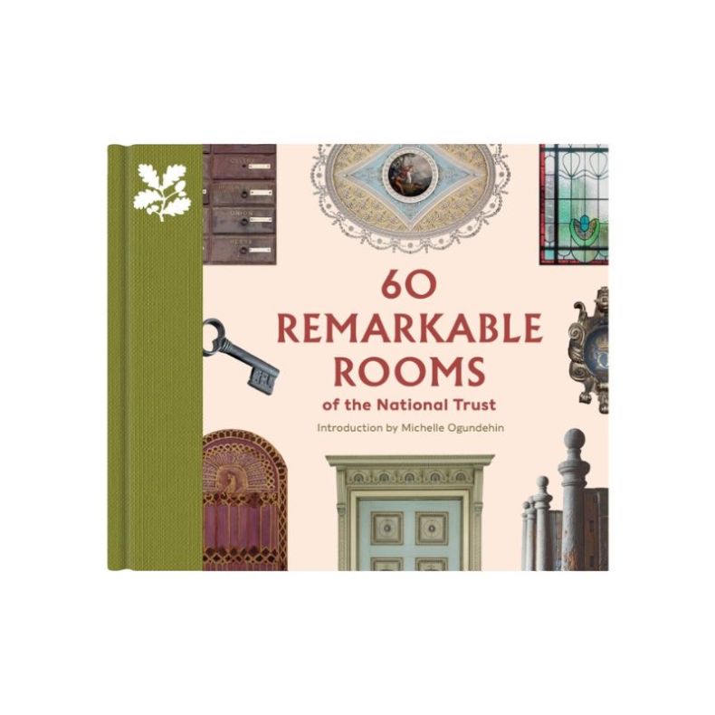 Front cover of the book “60 Remarkable Rooms of the National Trust,” featuring a collage of historic interior details including doors, windows, ceilings, keys and architectural features, with a green cloth spine on the left.