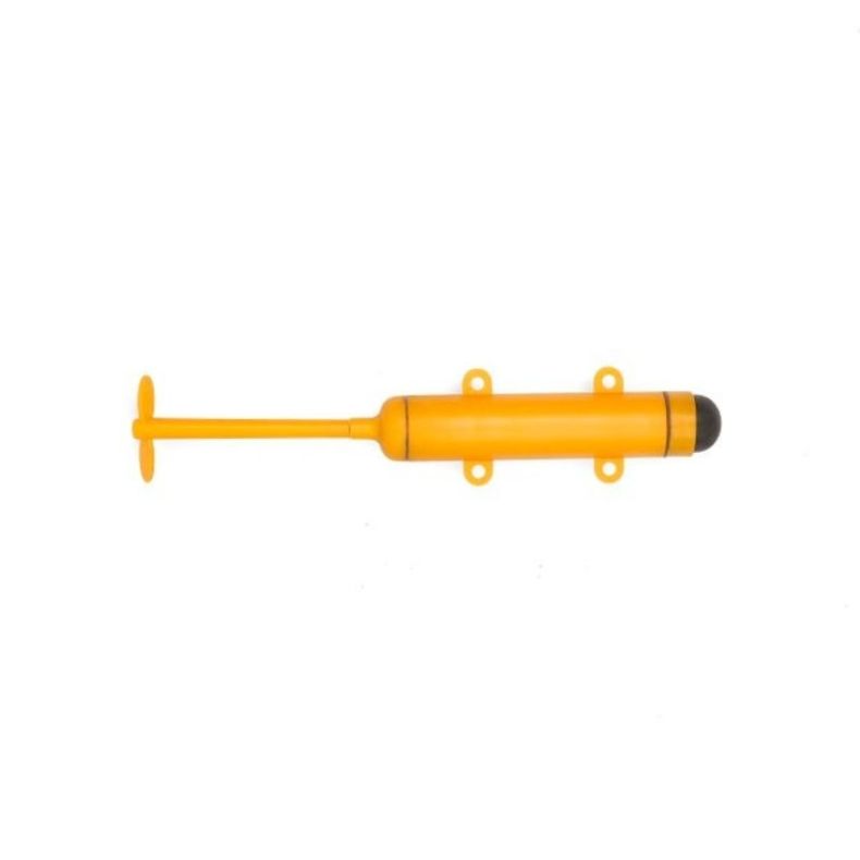Yellow plastic toy motor for making a DIY motor boat, featuring a cylindrical body with mounting loops, and a black end cap, shown against a plain white background.