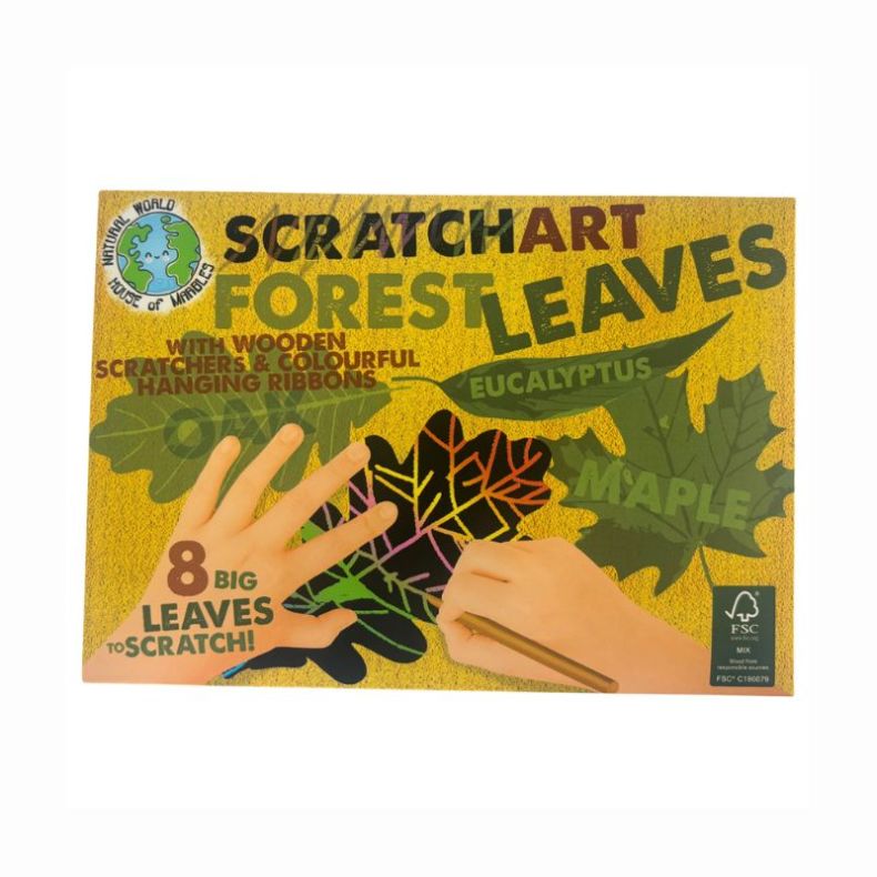 Front packaging of the “Scratch Art Forest Leaves” craft kit, showing hands using a wooden stylus to scratch colourful leaf patterns on black sheets, with illustrated leaves labelled eucalyptus and maple, and text stating “8 big leaves to scratch”.
