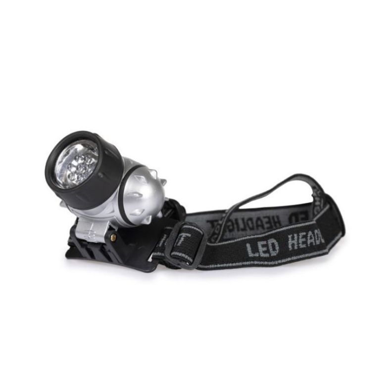 Black and silver LED head torch with an adjustable elastic headband, shown against a plain white background.