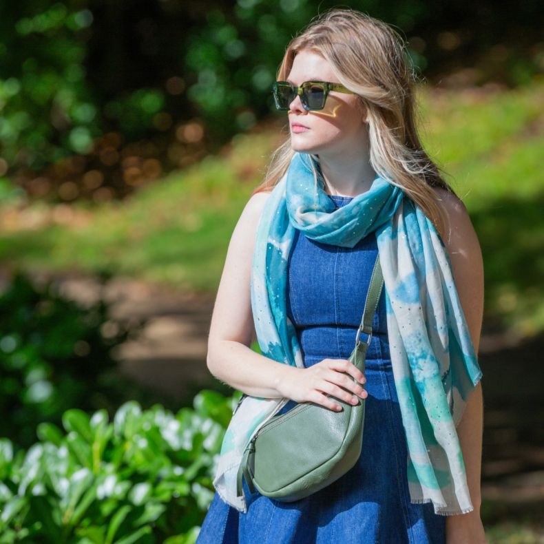 Peace Of Mind Abstract Blue and Green with Foil Recycled Polyester Scarf