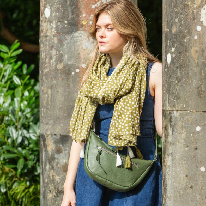 Peace Of Mind Spot with Tassels Olive Green Organic Cotton Scarf