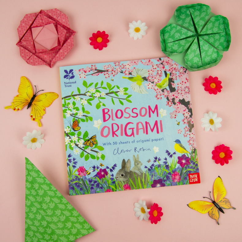 Blossom Origami book by Clover Robin styled with folded paper flowers and green origami sheets