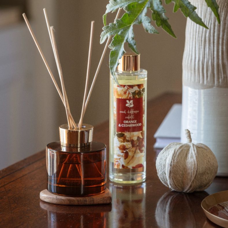 Orange & Cedarwood reed diffuser in an amber glass vessel with natural reed sticks, displayed alongside a matching refill bottle, decorative pumpkin and ceramic vase to showcase the coordinating autumn-inspired home fragrance collection.