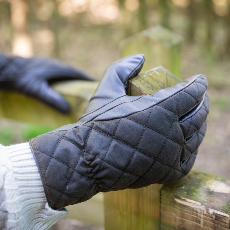 National Trust Dark Brown Quilted Waxed Leather Gloves