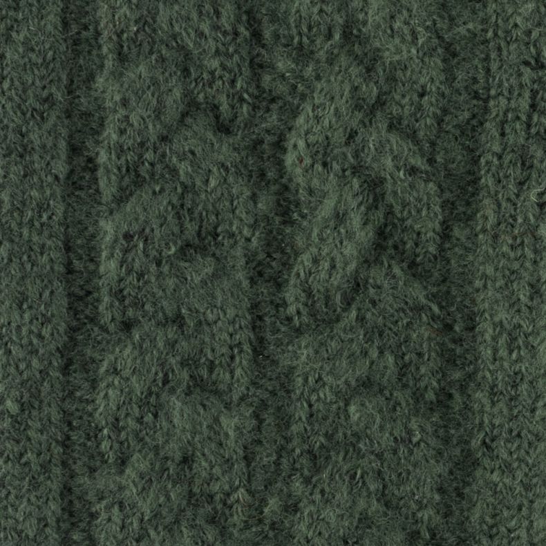 Dark green fingerless glove fabric shown in a close-up view, highlighting the soft brushed knit texture and intricate cable-knit pattern detail.