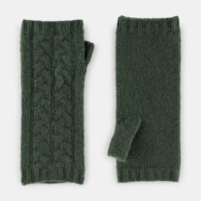 Dark green fingerless knitted gloves with a soft brushed texture, featuring a cable-knit front panel, ribbed trim, and thumb opening, shown from front and back views.
