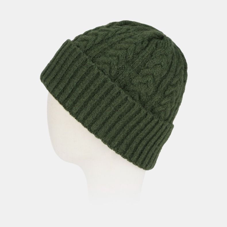 Dark green cable knit beanie hat with a chunky ribbed turn-up brim, featuring an intricate cable-knit pattern, soft textured finish, and cosy cold-weather design shown from a rear angled view.
