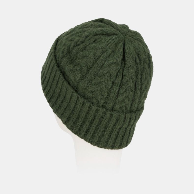 Dark green cable knit beanie hat with a chunky ribbed turn-up brim, featuring an intricate cable-knit pattern, soft textured finish, and cosy cold-weather design shown from a rear view