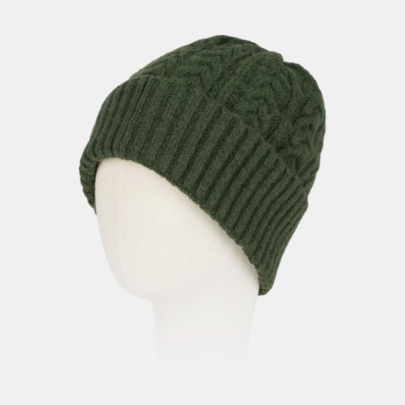 Dark green cable knit beanie hat with a chunky ribbed turn-up brim, featuring an intricate cable-knit pattern, soft textured finish, and cosy cold-weather design shown from an angled side view.