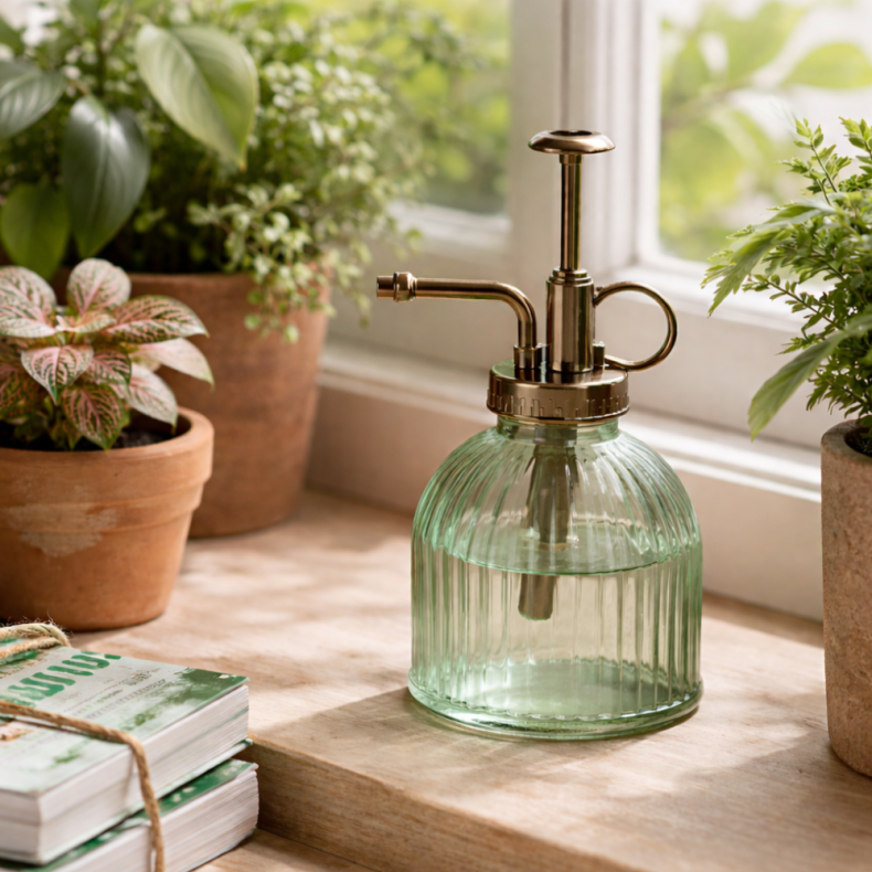 Green ribbed glass plant mister with iron pump displayed on a sunlit wooden windowsill among indoor houseplants.