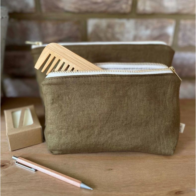 Linen Toiletry Bag Khaki, Medium