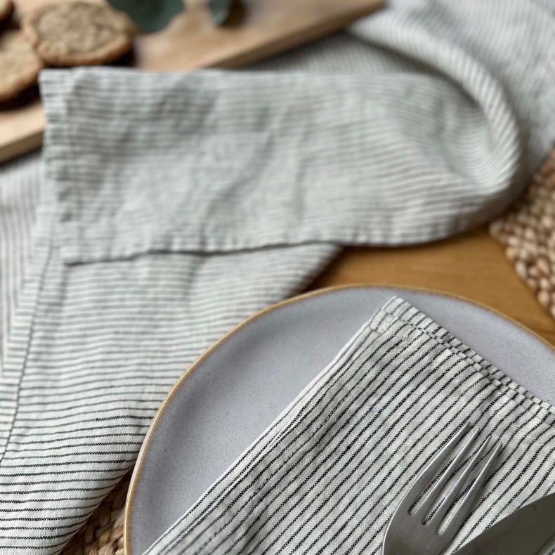 Linen Napkins Black & Ivory Stripe, Set of 2 