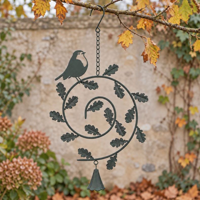 National Trust Metal Robin Spiral Oak Windchime in a autumn garden setting