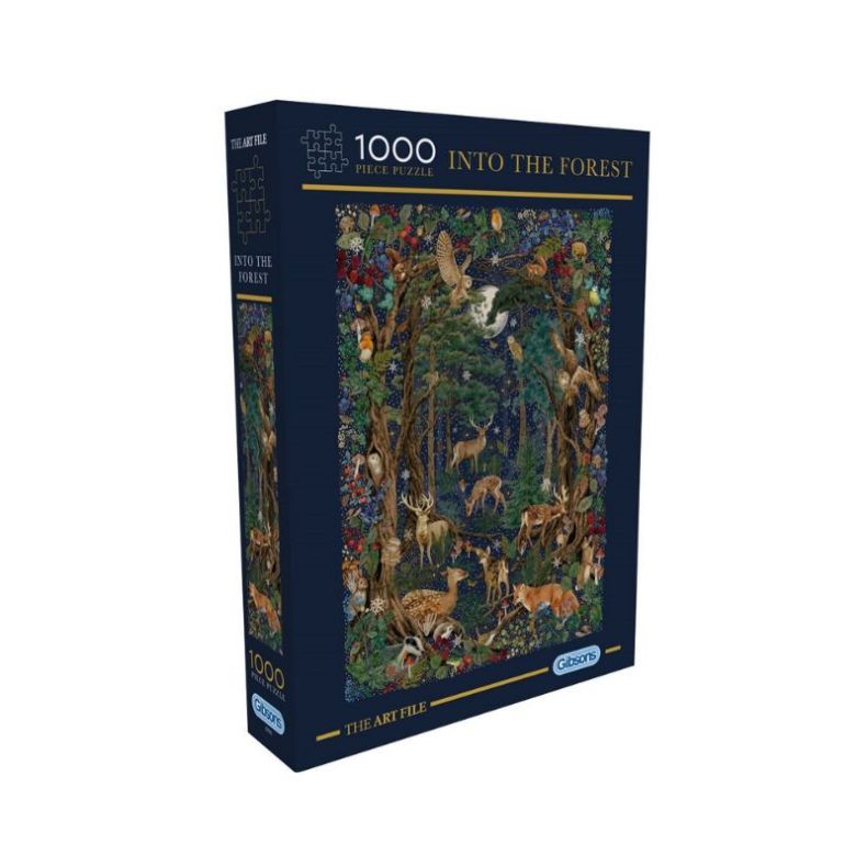 Into the Forest 1000-piece jigsaw puzzle from The Art File, featuring a richly detailed woodland scene filled with forest wildlife, including deer, owls, foxes, birds and woodland flora. Presented in a navy blue Gibsons puzzle box, the intricate artwork s