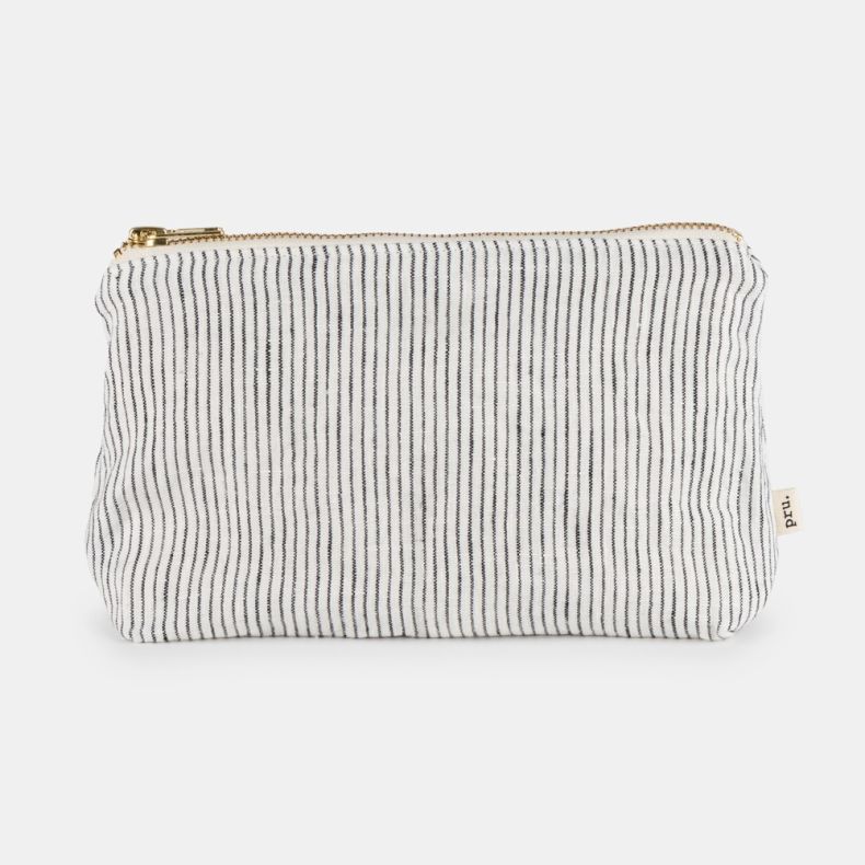 Linen Toiletry Bag Black and Ivory Stripe, Medium