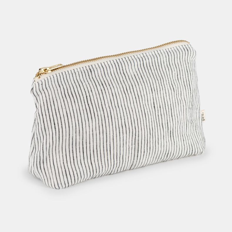 Linen Toiletry Bag Black and Ivory Stripe, Medium