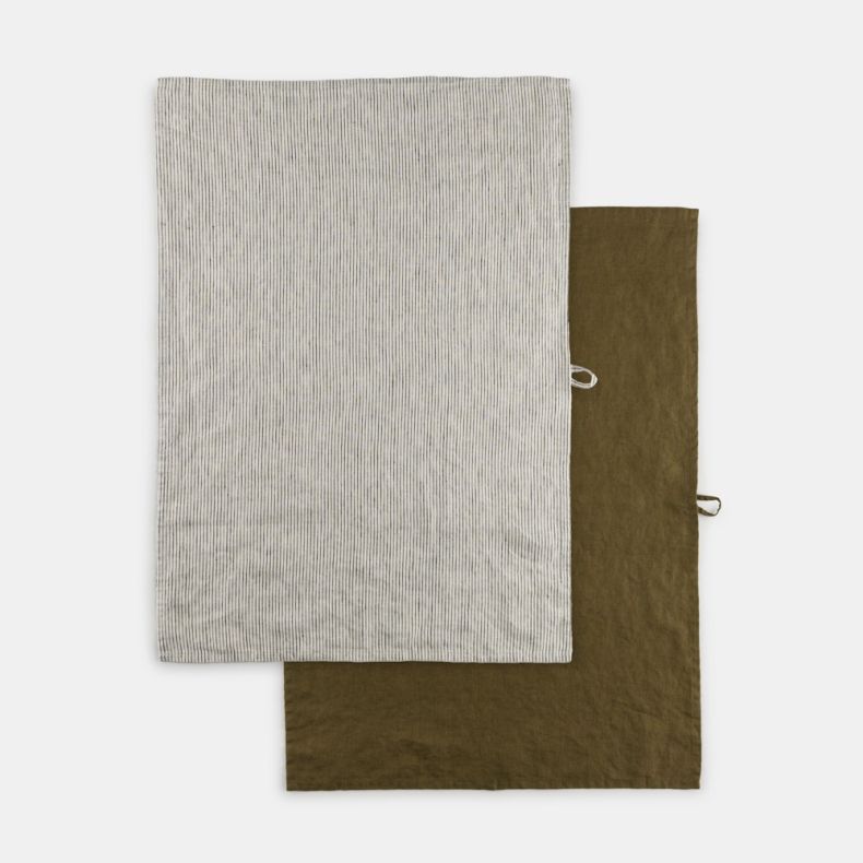 Linen Tea Towels Khaki and Stripe, Set of 2