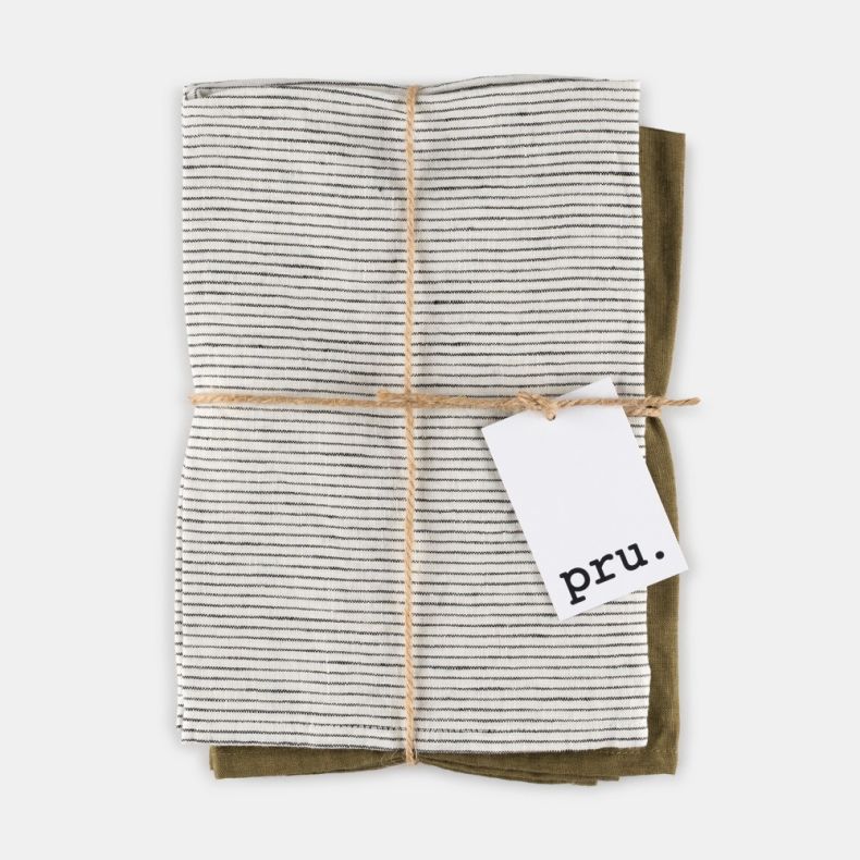 Linen Tea Towels Khaki and Stripe, Set of 2
