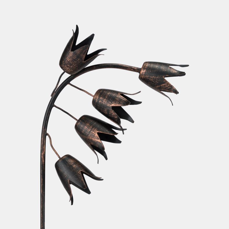 Decorative metal garden stake ornament featuring cascading bell-shaped flowers on an arched stem in an antique bronze finish